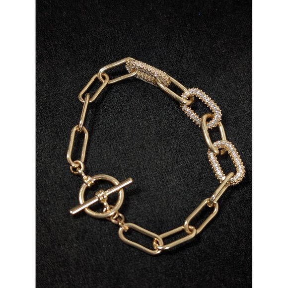 Gold Tone Oval Paperclip Chain Rhinestone Pave Tennis Bracelet 7" - Picture 1 of 6